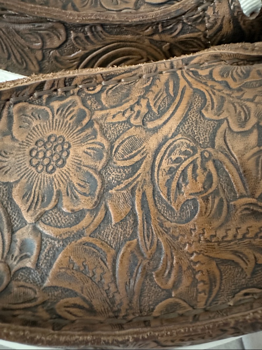 Ariat Brown Tooled Floral Leather Slip-On Flats with Cream Laces - Picture 2 of 5